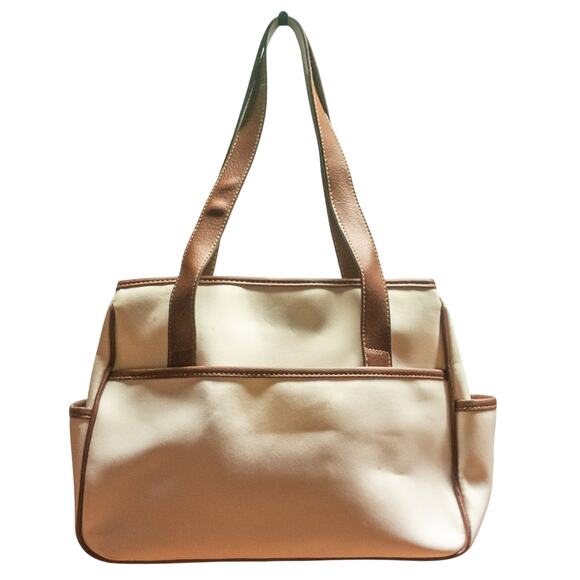 Medium White Brown Purse Shoulder Satchel Bag Vintage Roomy 3 Compartments - Picture 2 of 6